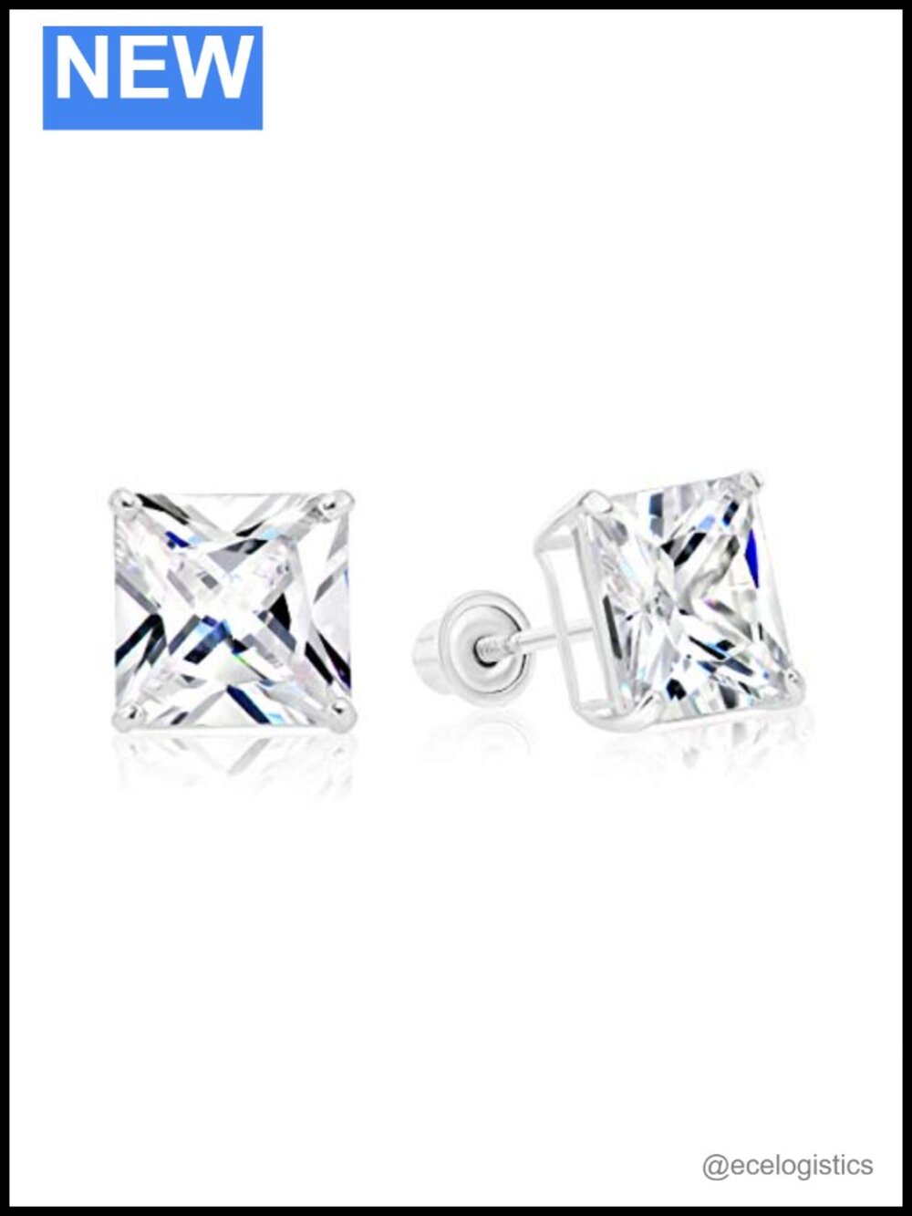 14k White Gold Square Princess Cut CZ Stud Earrings Screw Back